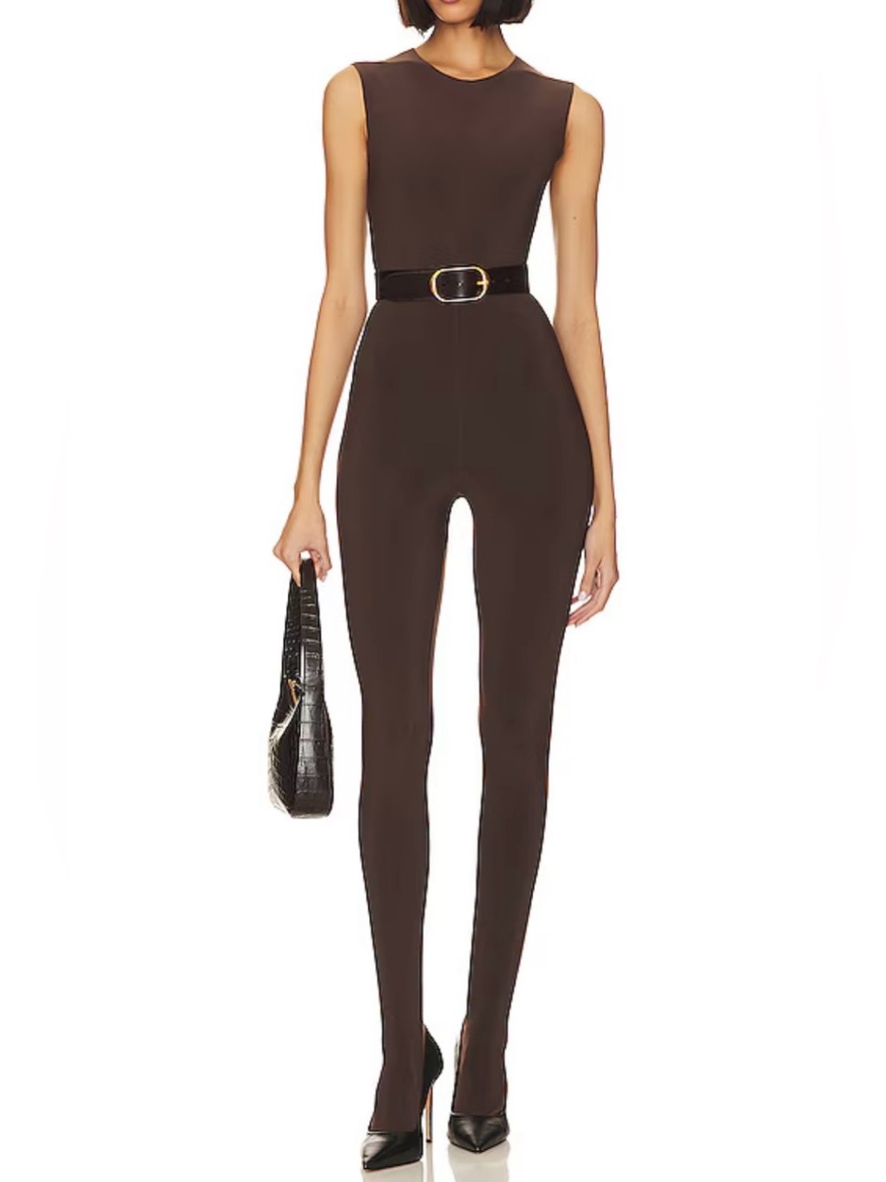 NWOT- Norma Kamali Chocolate Sleeveless Catsuit w Footsies…. Size XXS